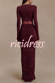 Sexy See-through Long-sleeved V-neck Pleated Slim-fit Maxi Dress