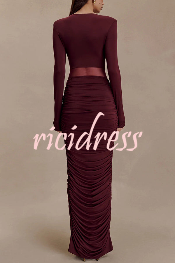 Sexy See-through Long-sleeved V-neck Pleated Slim-fit Maxi Dress