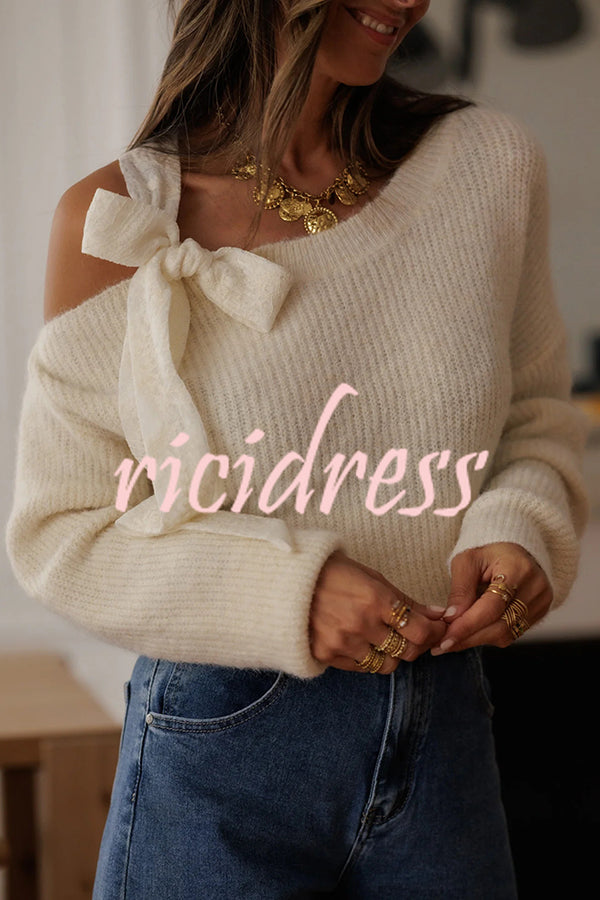 Solid Color Bow Tie Long-sleeved Casual Knit Sweater