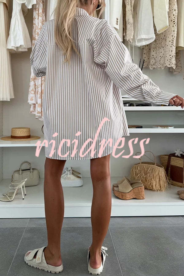 Zoie Striped Stretch Bandeau + Elastic Waist Pocket Shorts + Oversized Blouse 3 Pieces Set