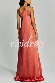 Charming Glance Satin Metal Hardware One Shoulder Loose Maxi Dress