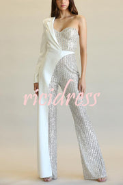 Fashionable Sequined Patchwork One-sided Long-sleeved Asymmetrical Jumpsuit