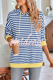 Striped Print Long Sleeve Pocket Loose Hoodie