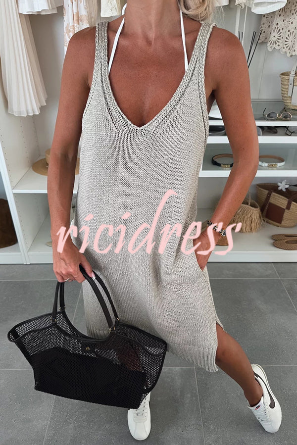 Solid Color V-Neck Sleeveless Casual Pocket Knitted Midi Dress
