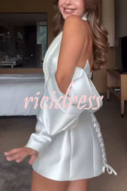 Muse Satin Double-breasted Split Puff Sleeve Back Lace-up Halter Blazer Mini Dress