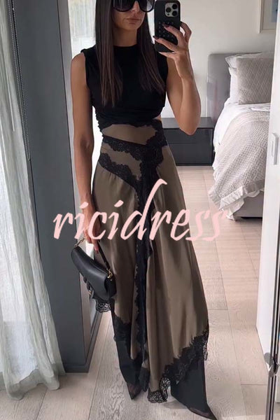 Verve Ribbed Jersey Cutout Waist Asymmetric Satin Lace Hem Maxi Dress