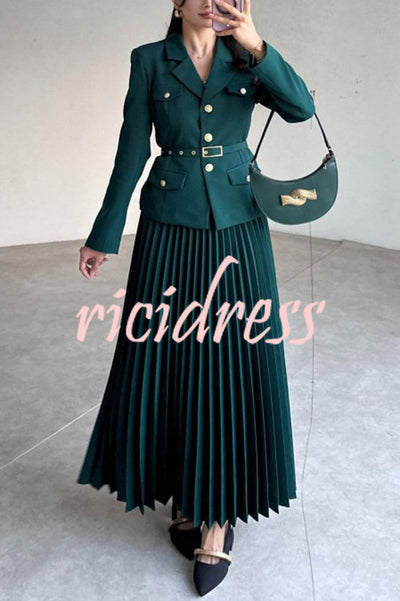 Solid Color Lapel Button Belt Blazer and Pleated Casual Maxi Skirt Set