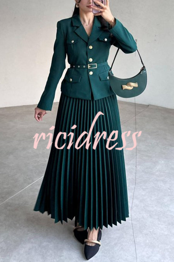 Solid Color Lapel Button Belt Blazer and Pleated Casual Maxi Skirt Set