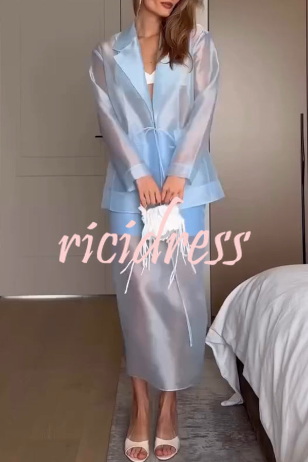 Simple and Light See-through Fabric Tie-up Long Sleeve Pocket Lapel Blazer