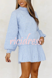 Solid Color Round Neck Puff Sleeve Loose Knit Sweater and Casual Striped Mini Skirt Set