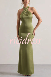 Solid Color Halter Neck Tie Sexy Backless Slim Maxi Dress