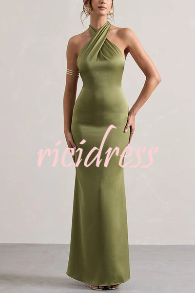 Solid Color Halter Neck Tie Sexy Backless Slim Maxi Dress