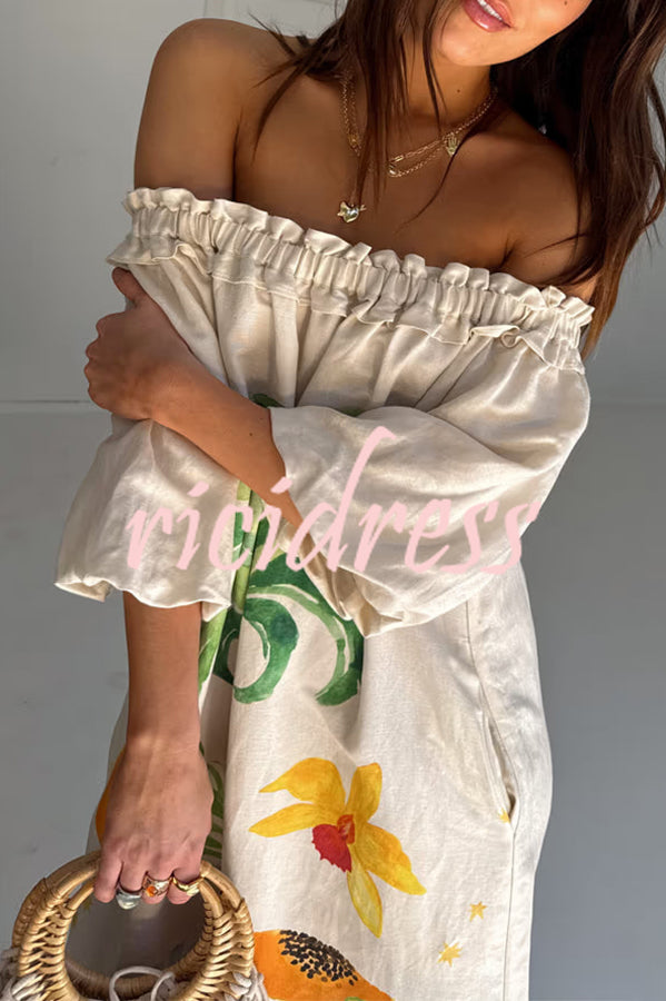 Sunveil Linen Blend Unique Print Puff Sleeve Pocket Strapless Maxi Dress