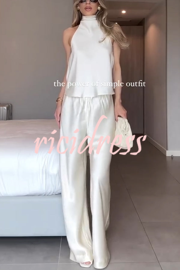 Modern Day Glam Satin Halter Tie-up Tank and Elastic Waist Wide Leg Pants Set