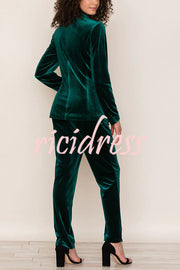 Solid Color Velvet Long-sleeve Blazer and Elastic Waist Pocket Pants Set