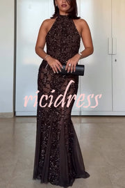 Twilight Gleam Sequin Textured Tulle Hem Halter Backless Maxi Dress