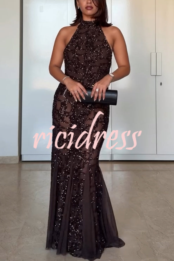 Twilight Gleam Sequin Textured Tulle Hem Halter Backless Maxi Dress
