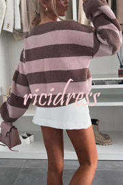 Fashion Striped Loose Long-sleeved Crew Neck Knitted Sweater