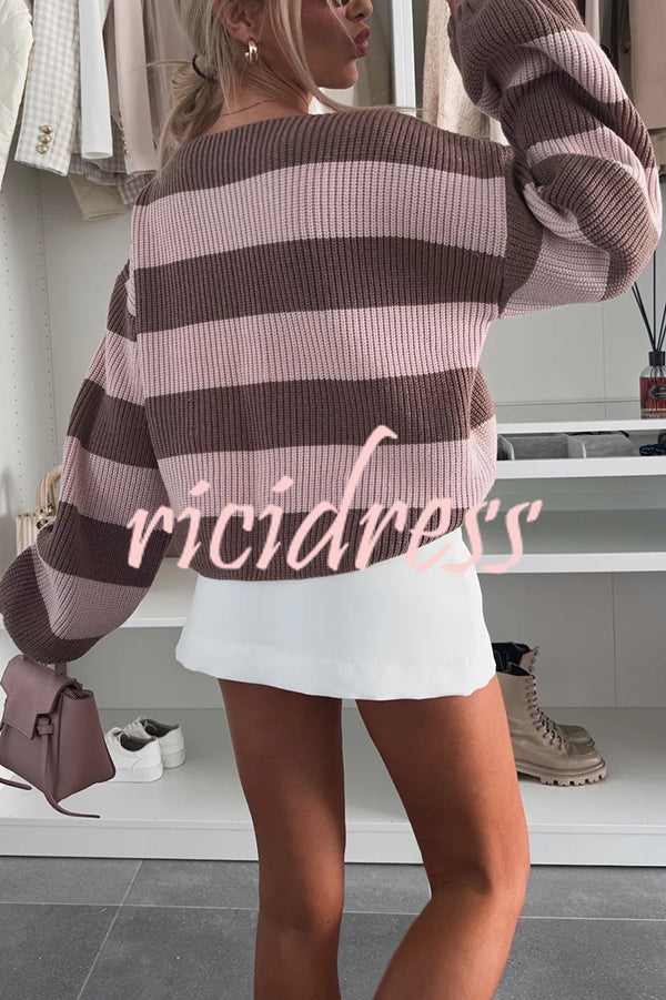 Fashion Striped Loose Long-sleeved Crew Neck Knitted Sweater