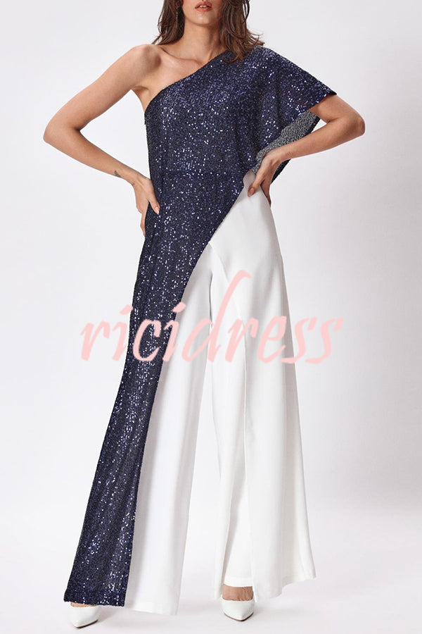 Party Favors Sequin One Shoulder Ruffle Detail Wide Leg Evening Jumpsuit