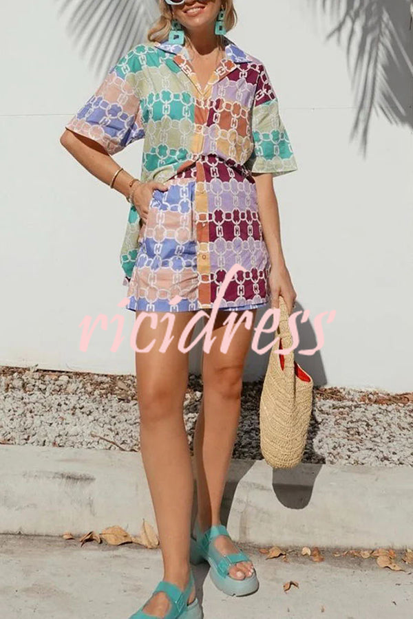 Colorful Block Chain Printed Button Pocket Lace Up Shorts Set