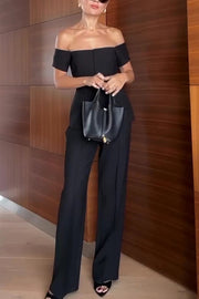 Solid Color Off-the-shoulder Single-breasted Top and Casual Pocket Straight-leg Pants Set