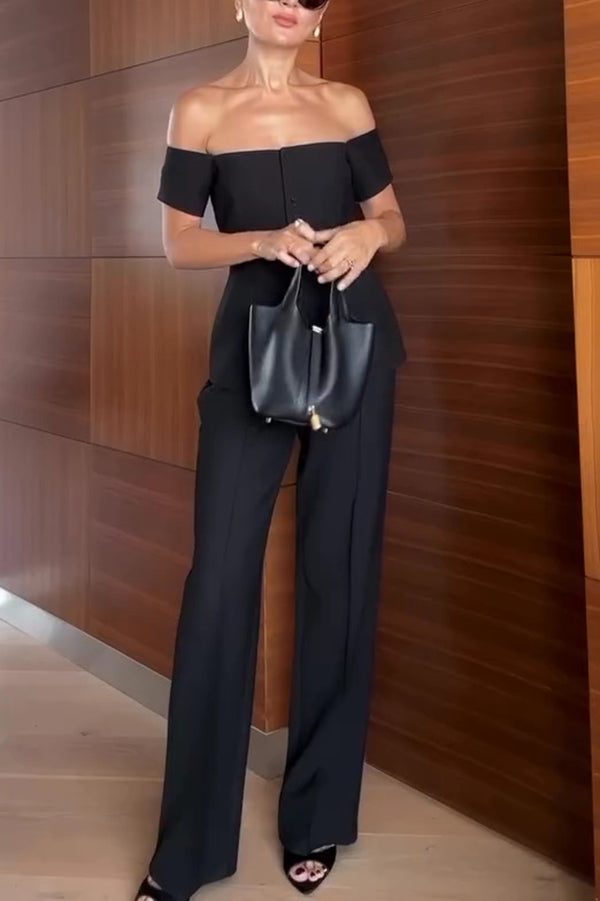 Solid Color Off-the-shoulder Single-breasted Top and Casual Pocket Straight-leg Pants Set