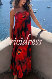 For Every Occasion Satin Pleated Floral Print V-wire Bandeau Neck Maxi Dress