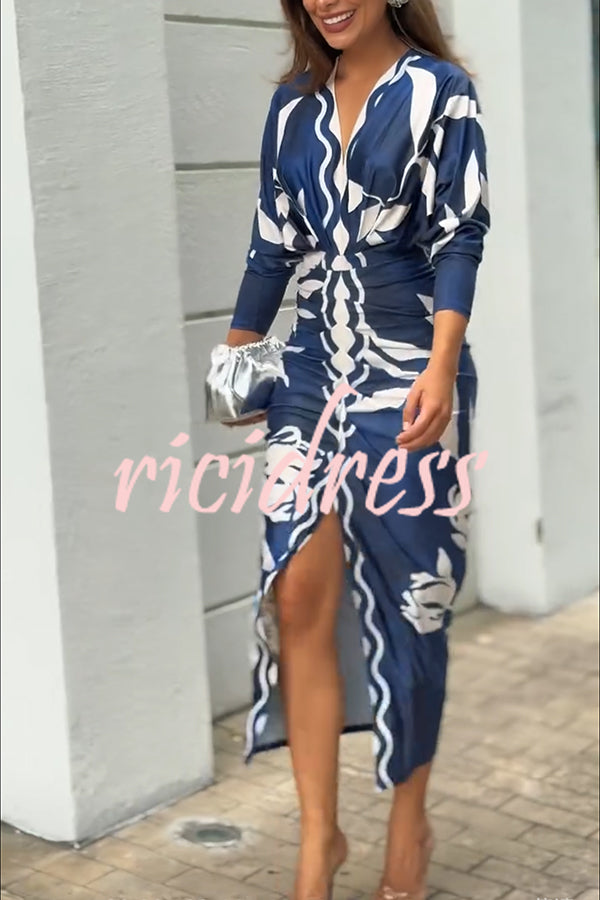 Caliana Unique Print Dolman Long Sleeve Ruched Slit Midi Dress