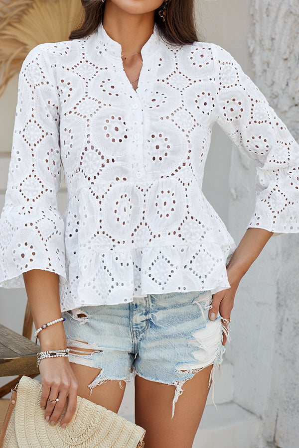 Solid Color Casual Resort Style Hollow V-neck Shirt