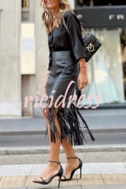 Haow Solid Color Fringed Paneled Leather Skirt