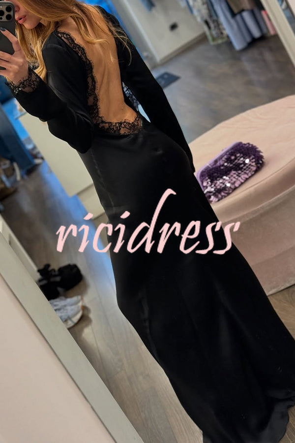 Mystic Moment Satin Lace Trim Long Sleeve Backless Maxi Dress