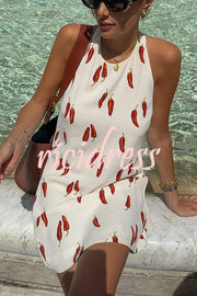 Spicy Summer Chili Pepper Unique Print Soft Fabric Halter Loose Mini Dress