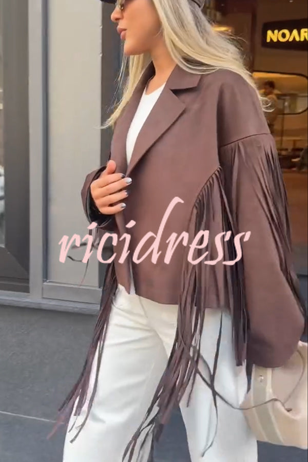 Western City Suede Long Tassels Long Sleeve Lapel Relaxed Jacket