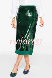 Shimmer Scene Sequin Patchwork Hem High Rise Slit Pencil Midi Skirt