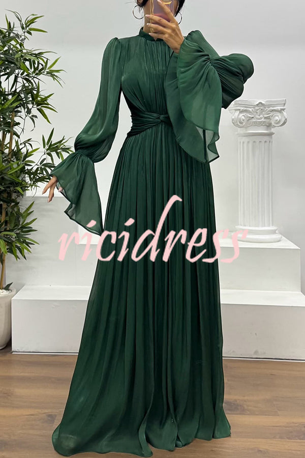 Ellah Shiny Fabric Chinese Stand Collar Twist Waist Balloon Sleeve Maxi Dress