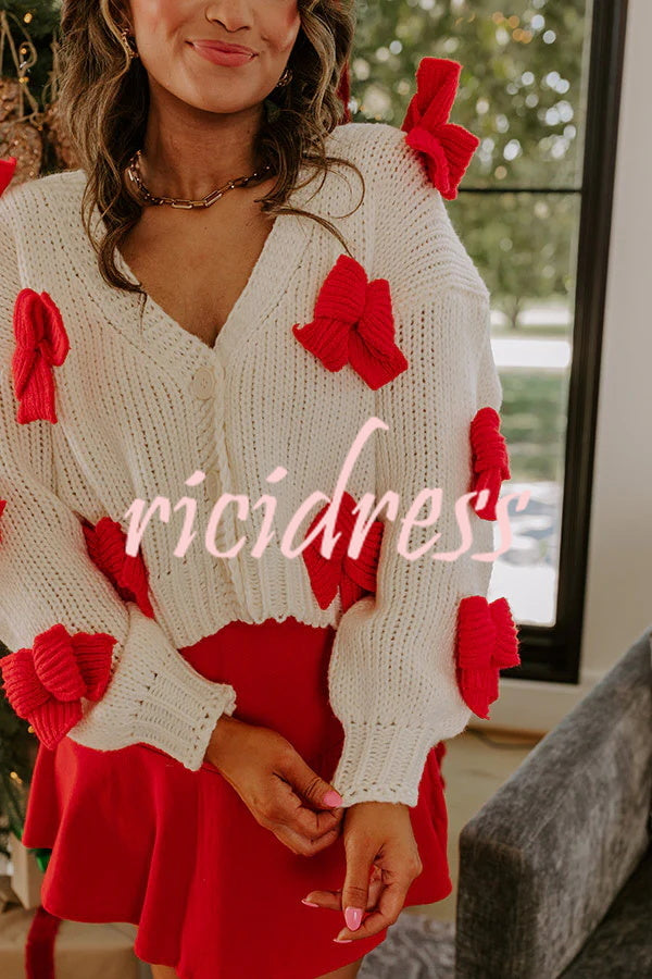 Wrapped in Bows Knit Color-blocked Loose V-neck Long-sleeved Cardigan