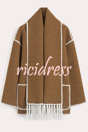 Stylish Loose Pocket Long Sleeve Coat and Warm Fringed Scarf