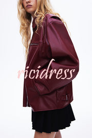 Fashion Lapel Long Sleeve Pocket Zipper Leather Jacket