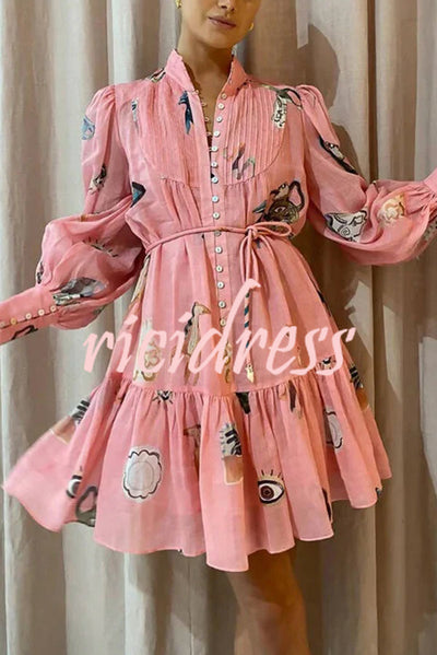 Unique Print Single Breasted Balloon Sleeve Tie Waist Ruffled Mini Dress