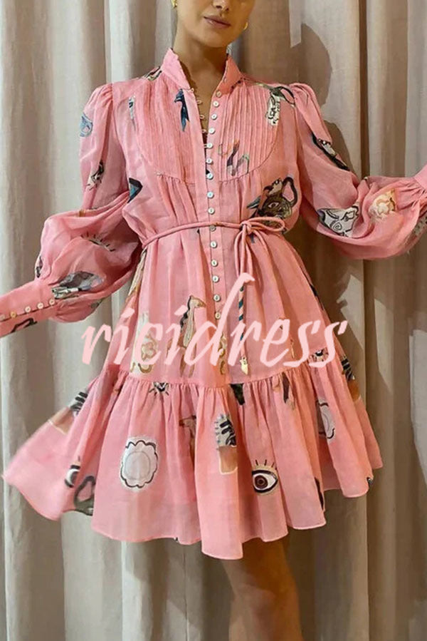 Unique Print Single Breasted Balloon Sleeve Tie Waist Ruffled Mini Dress