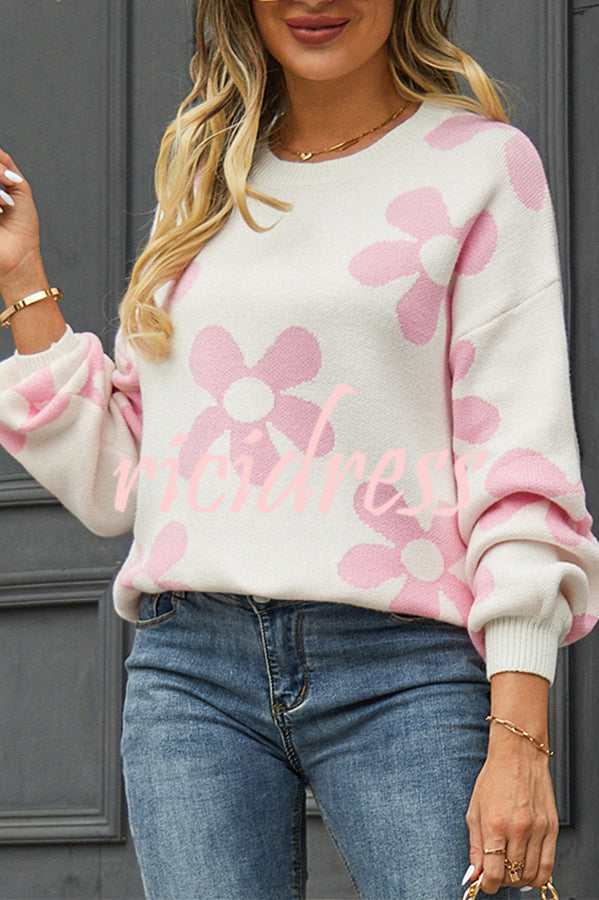 Floral Print Color Block Pullover Long Sleeve Sweater