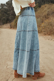 Fashion Elastic Waist Casual Patchwork Denim Maxi Skirt