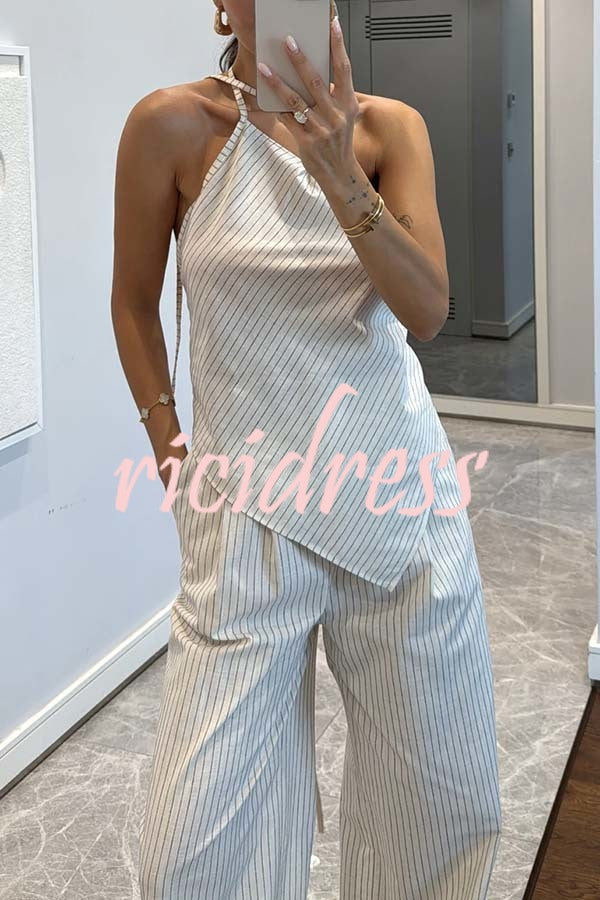 Moriah Striped Thin Strap Halter Neck Scarf Top and Pocketed Wide Leg Pants Set