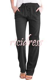 Soft Breathable Solid Color Drawstring Elastic Waist Long Straight Pants