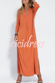 Solid Color V-neck Casual Slit Maxi Dress