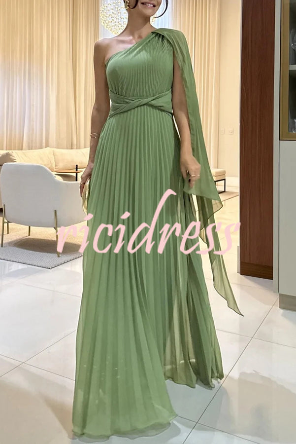 Kate Pleated One Shoulder Drape Sleeve Twist Waist Maxi Dress