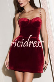 Harley Luxurious Velvet Fabric Jewel-embellished Shoulder Straps Pocket Tulip Mini Dress