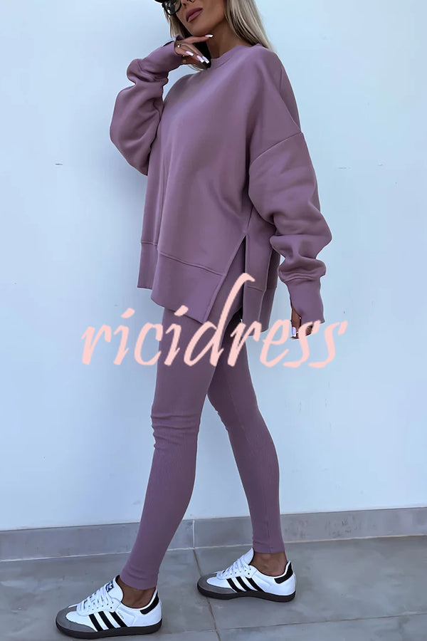 Solid Color Loose Long Sleeve SlitSweatshirt and Elastic Waist Tight Pants Set