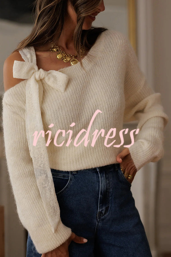 Solid Color Bow Tie Long-sleeved Casual Knit Sweater